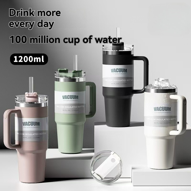 1 nova dvostruka čelična termo boca sa ručkom, poklopcem i slamkom - održava piće toplim 24 sata, hladnim 24 sata - idealno za ledeni čaj, kafu, kampovanje, putovanja i fitnes