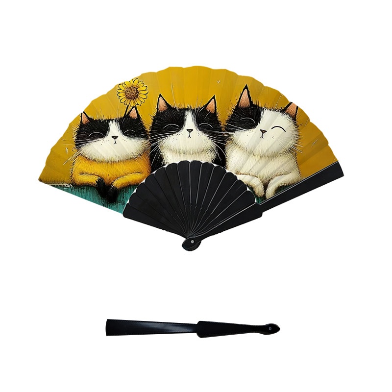 TEMU Ventilateur à Main Plat 2D, 7 Pouces, Imprimé 2D sur un , avec un Adorable Motif de Chats Noirs et sous , avec Ailettes en Plastique. 1pc