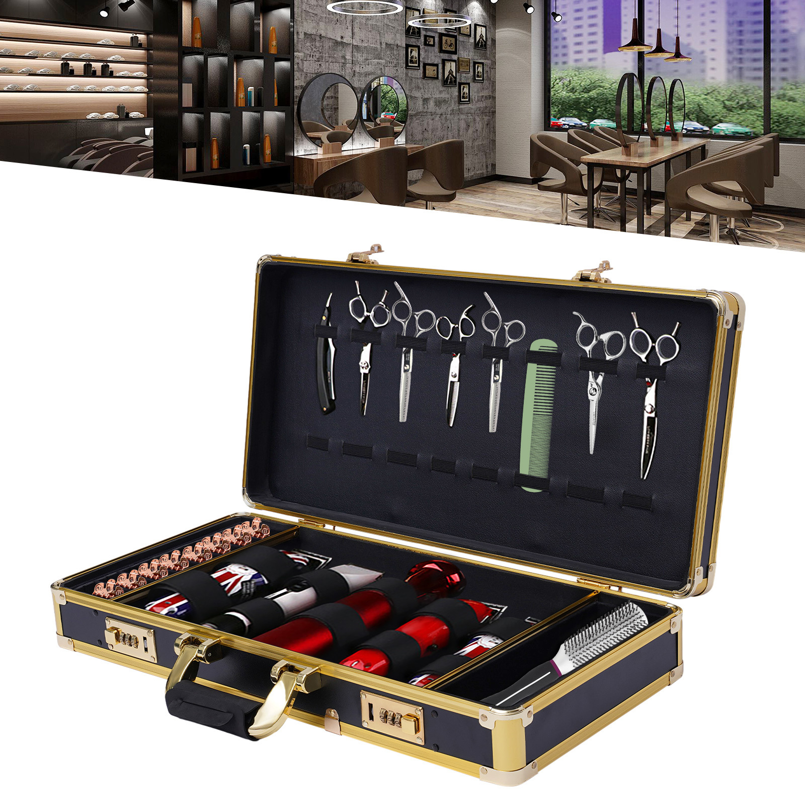 TEMU Large Barber Suitcase Carrying Case Clipper Trimmers Tool Storage Organizer Golden