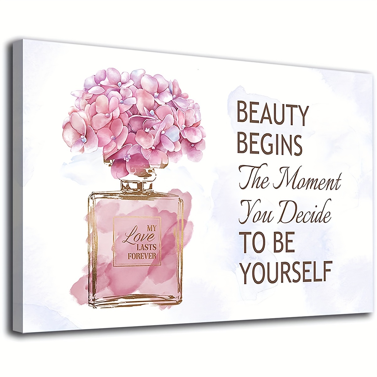 TEMU 2d Flat, 2d Flat, 2d Flat Framed 2d Flat Canvas Artwork Featuring A Stylish With A Golden Bottle And Pink Flowers, Accompanied By Brown