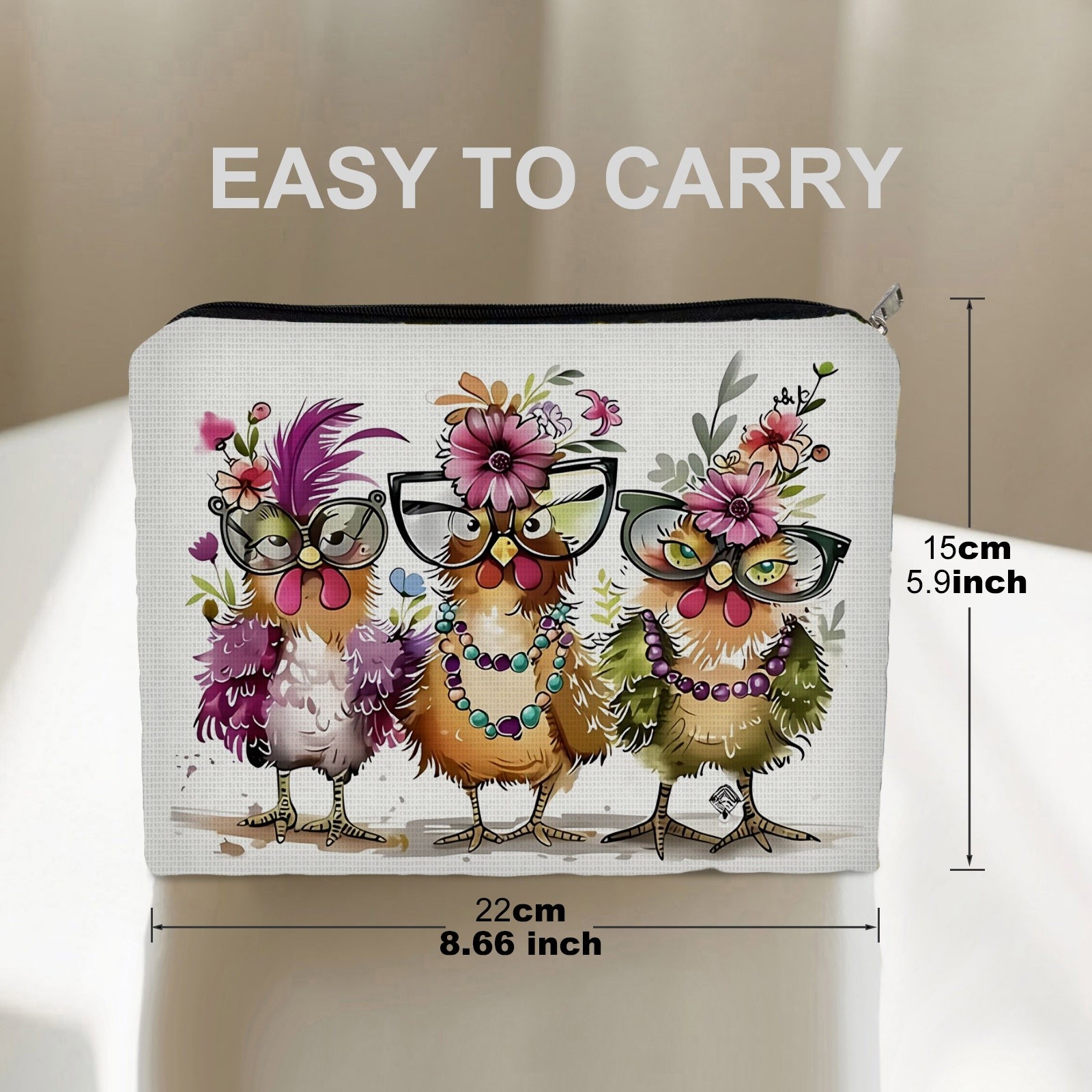 TEMU Adorable Chicken Print Cosmetic Bag Suitable For Makeup & Travel - Double-sided Watercolor Toiletry With Bright Patterns, Durable Polyester