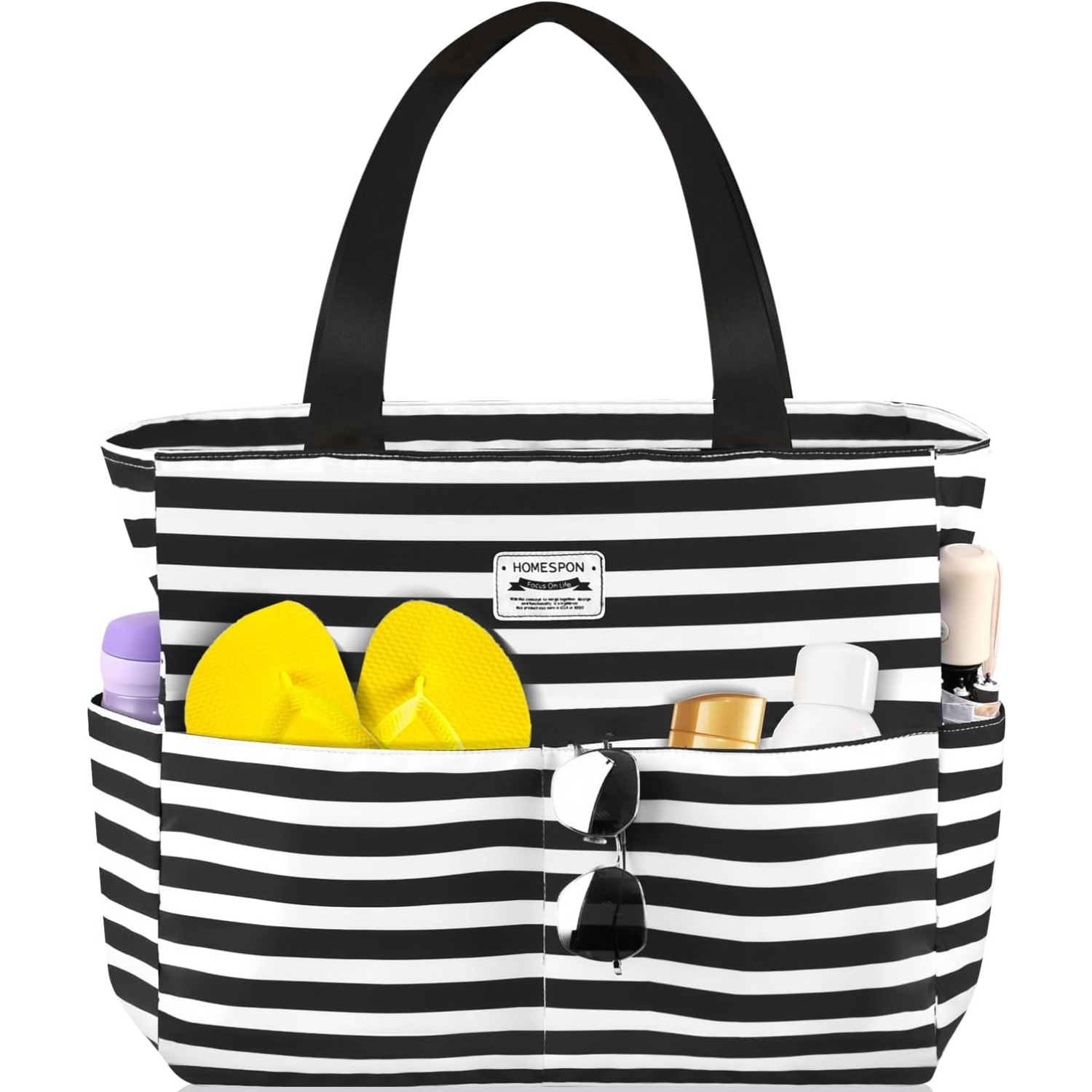 Image of 1pc Women's Large Beach Handbag With Zipper And Pocket, Foldable Travel Handbag, Swimming Pool Shopping, , Black And