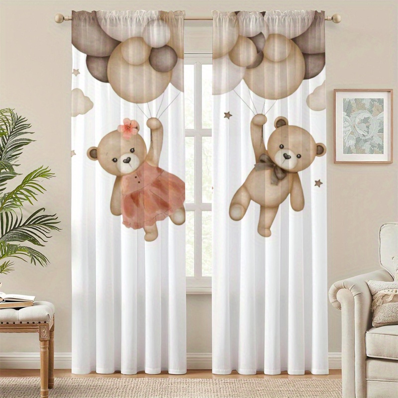 TEMU 2pcs Panels Cute Bear Window Curtains Suitable For Bedroom, Living Room, Filtering Panels With Bear, Machine Washable For , Room Decor (' Room