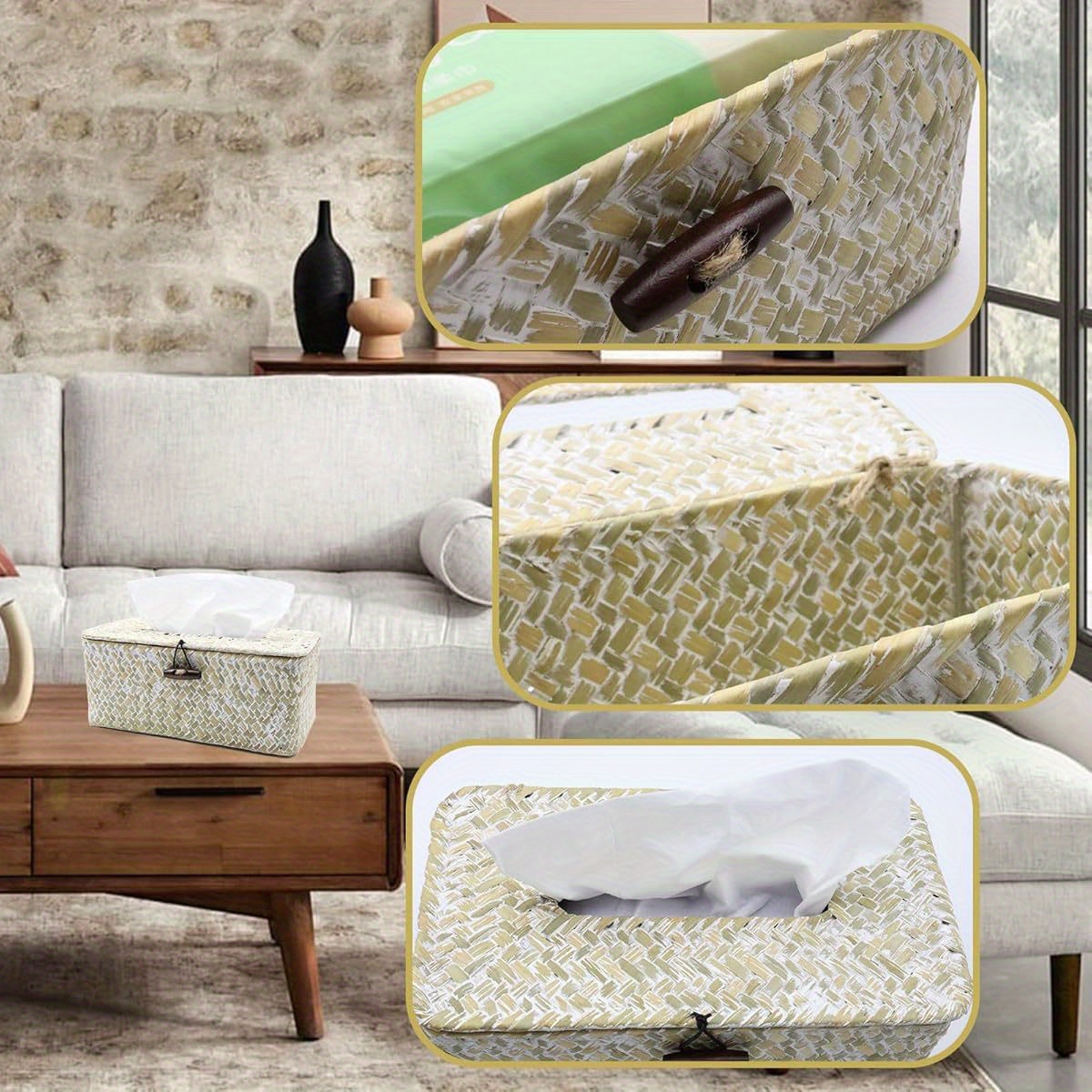 tissue box cover rectangle seagrass tissue box woven tissue box holder with lid farmhouse tissue cover for bathroom toilet living room bedroom kitchen table desk office   Product details 5