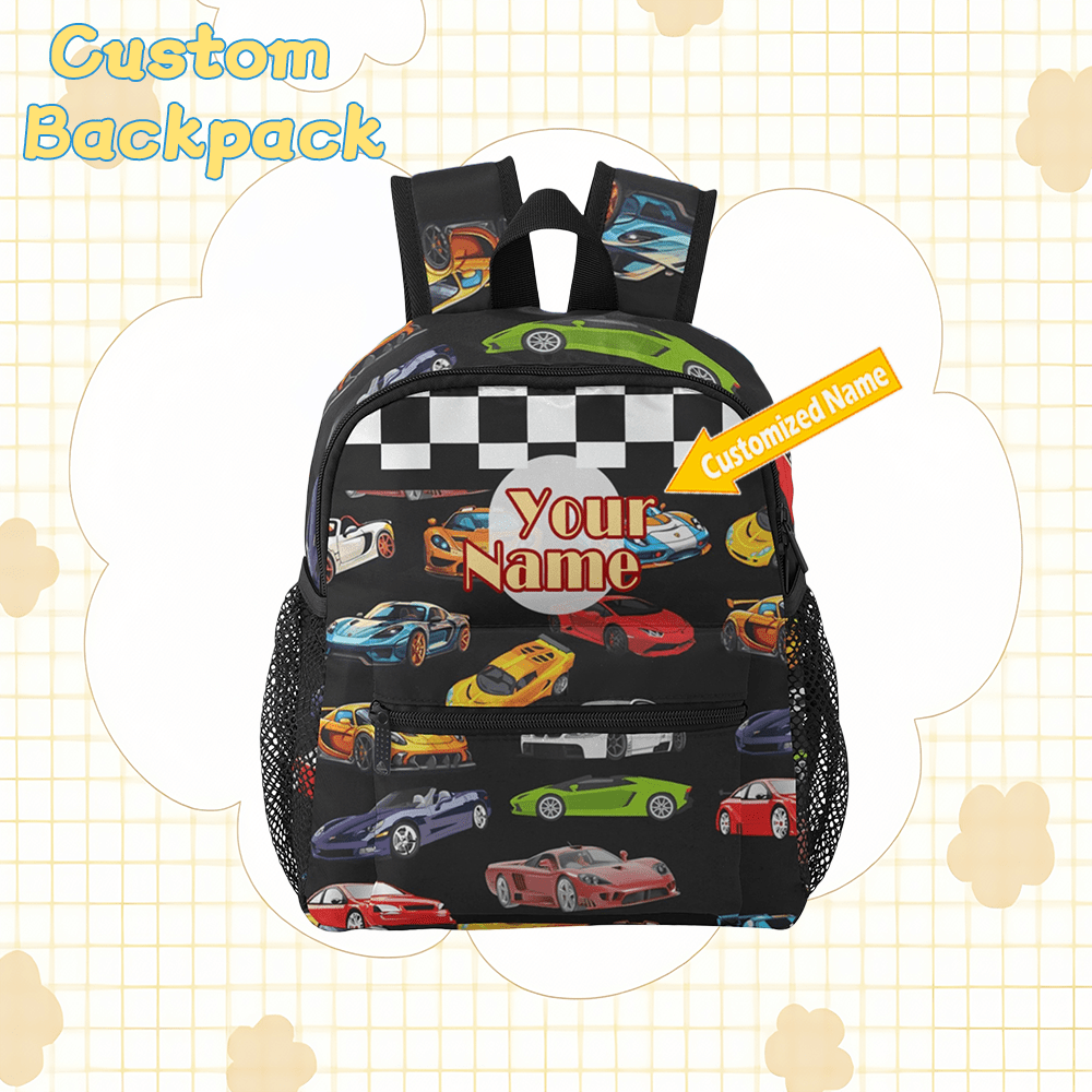 TEMU 1pc Personalized 12" Durable Backpack With Customizable Name, Lightweight Design, Mesh Pockets & Ergonomic Straps, Sleek Racing Car Print –