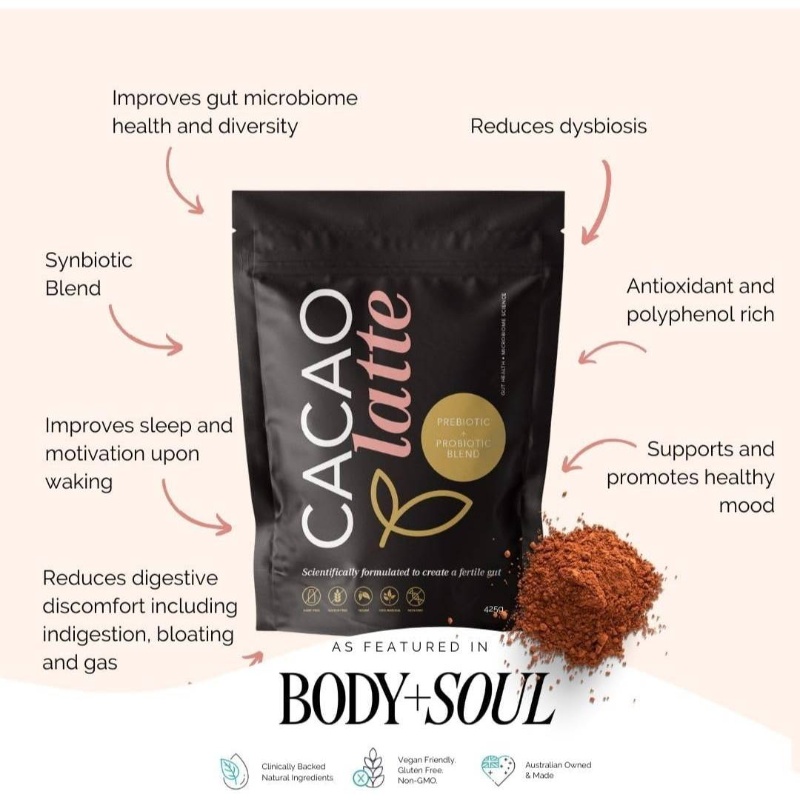 Probiotic & Prebiotic Rich Cacao Latte - Gut Health Drink with Live Cultures, Dairy/Egg-Free Digestive Supplement, Plant-Based probiotics for &, On-the-Go Nutrition (izable Ingredients)
