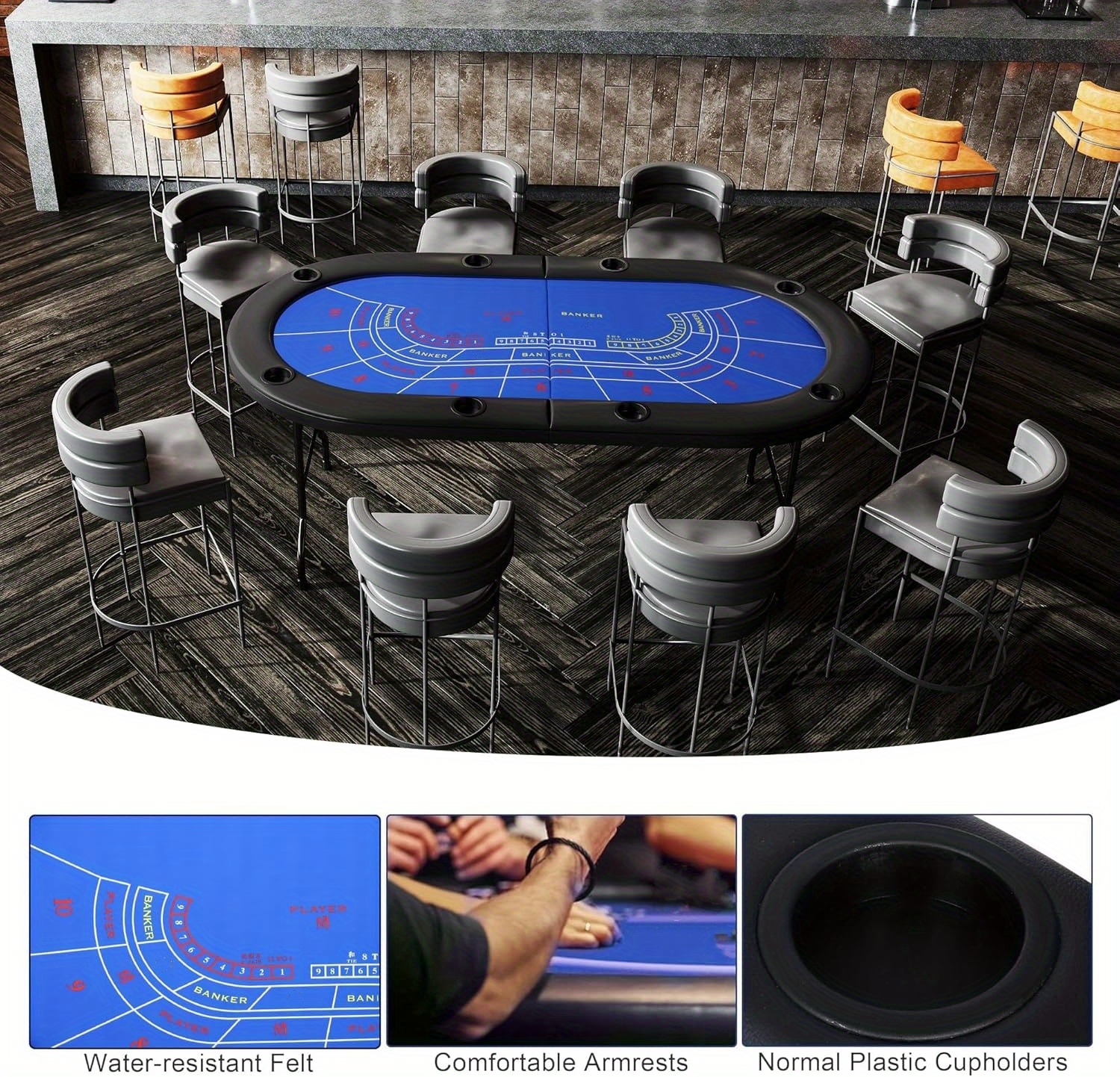Premium 8 Player Foldable Poker Card Table, Folding Poker Table with Plastic Cup Holders, Portable Board Game Table with Padded Rails, Blue