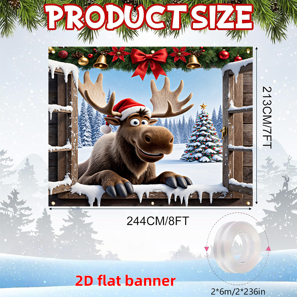 TEMU 2d Flat, 2d Door Banner, 2d Flat Banner, 1pc, Merry Christmas Garage Door Banner, Featuring A Cartoon Reindeer Wearing A Santa Hat Lying On A