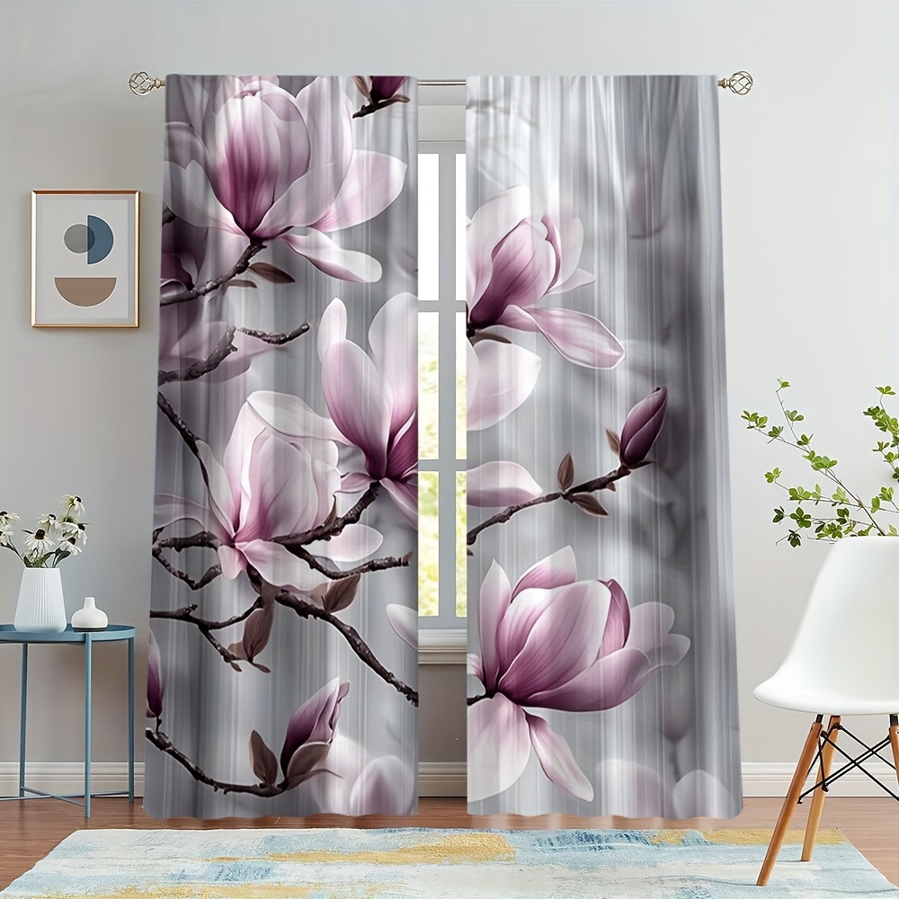TEMU 2pcs Magnolia Printed Curtains, Cozy And Stylish, Perfect For Living Room, Study, Or Home Office (pole Free) Size 21.65x59inch/55x150cm