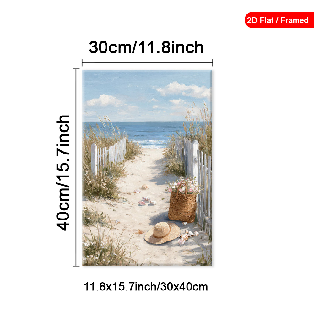 TEMU 2d Flat, 2d Flat, 1pc Framed Beach Path Canvas Decorations Painting, Wicker Basket Wall Decor, Seashells Art Prints Poster, Wall Arts, Modern