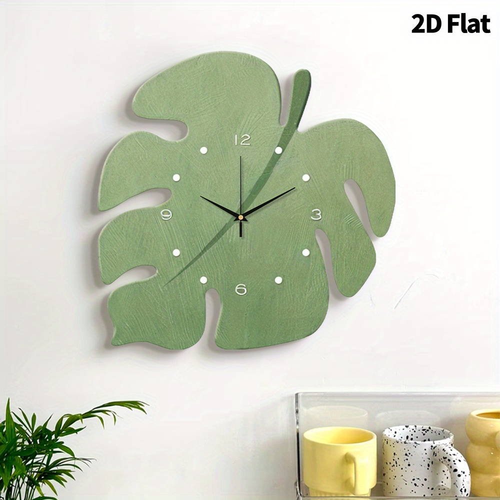 TEMU 1pc Silent Wooden Wall Clock - Vintage Monstera Leaf Design, Irregular Shape, Green Leaf Pattern, Battery Operated (aa Batteries Not Included)