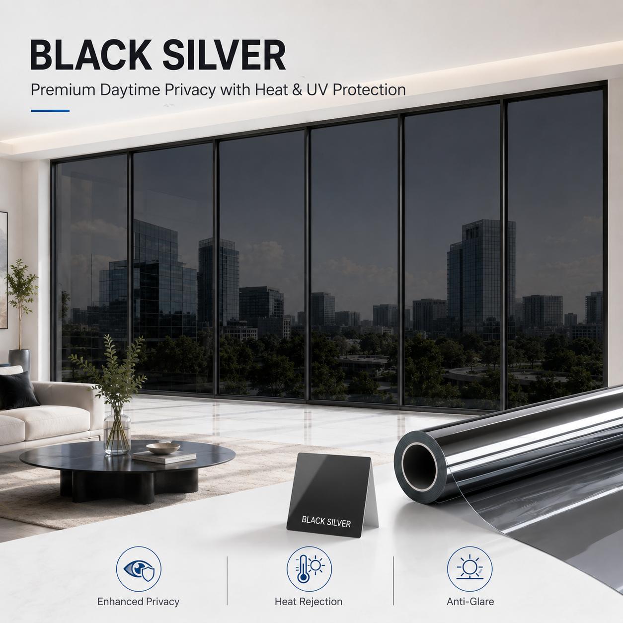 TEMU Película Estática de Espejo Plateado - Superficie Reflectante Negro-Plateado, Privacidad Diurna con Control de y Reducción de , para Oficinas