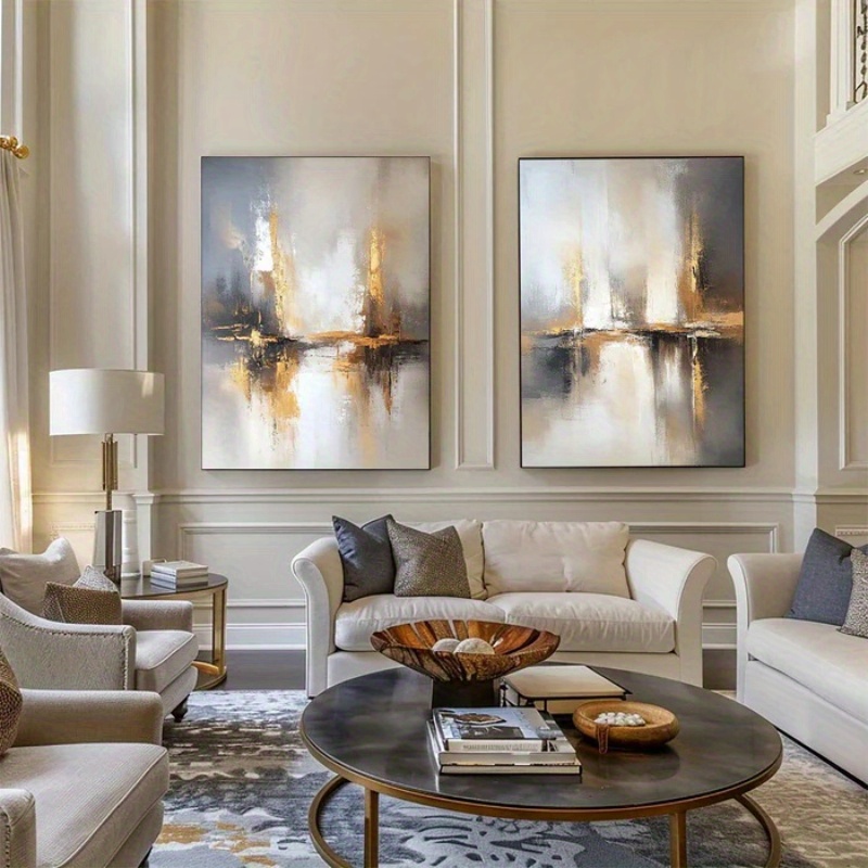 2pcs Impressionist & Minimalist Abstract Cityscape Oil Painting Set - Hand-Painted Beige & Golden Tone Large-Scale Inspired Canvas Wall Art Panels (Unframed) for Modern Living Room, Bedroom, Office Decor - Neutral Palette Luxury Paintings