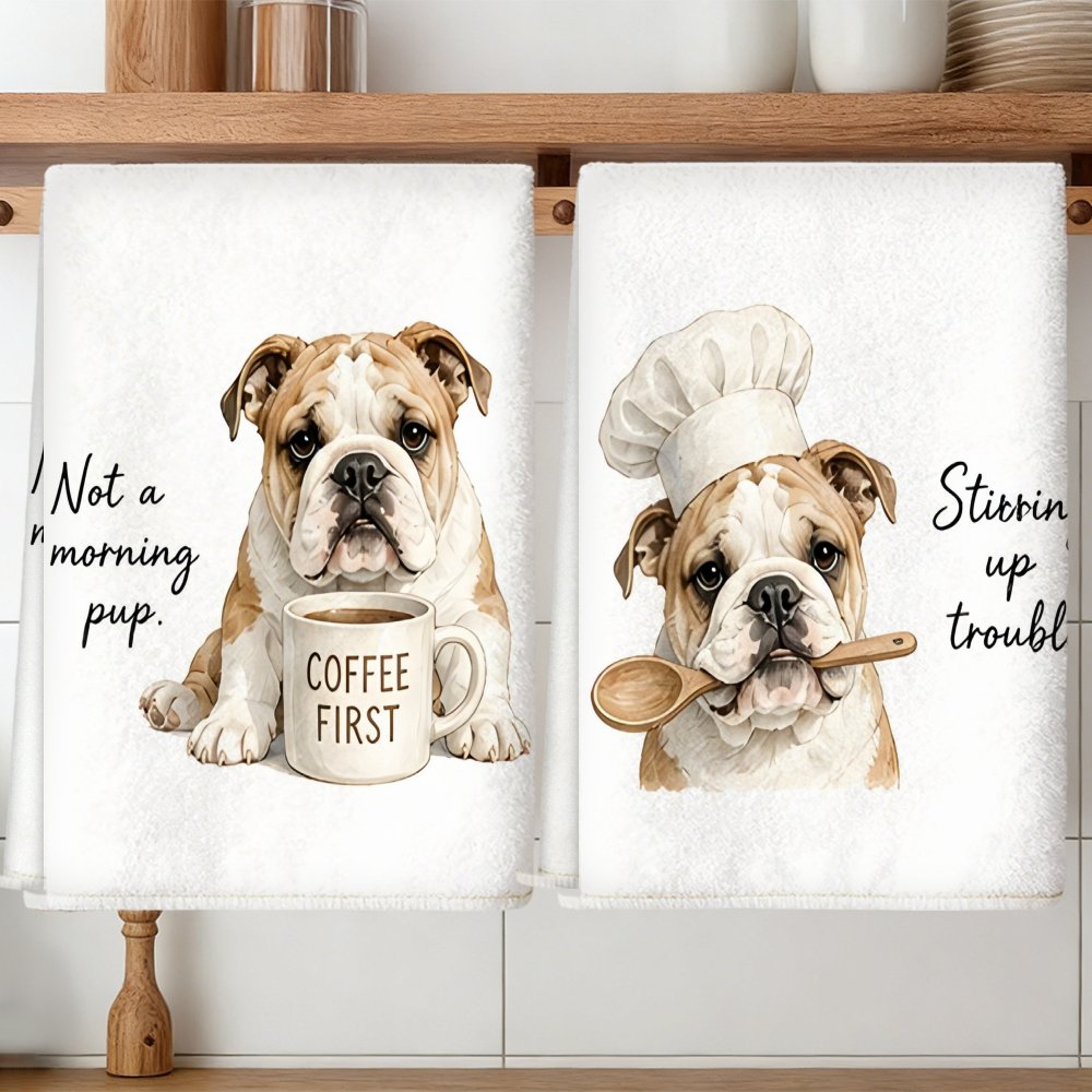 TEMU 2pcs English Bulldog Tea Towels Suitable, Soft Absorbent Microfiber Dish Cloths With Bulldog Print, Decorative Housewarming/birthday Gifts For