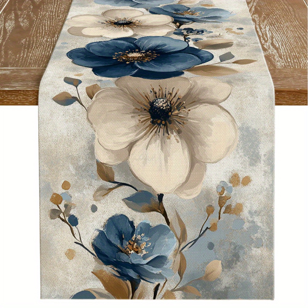 TEMU 1pc And White Floral Table Runner | Elegant Polyester Design For Home And Outdoor Decor, Suitable For , Coffee Tables, Living Rooms, Enhances Soft Aesthetics For Family And