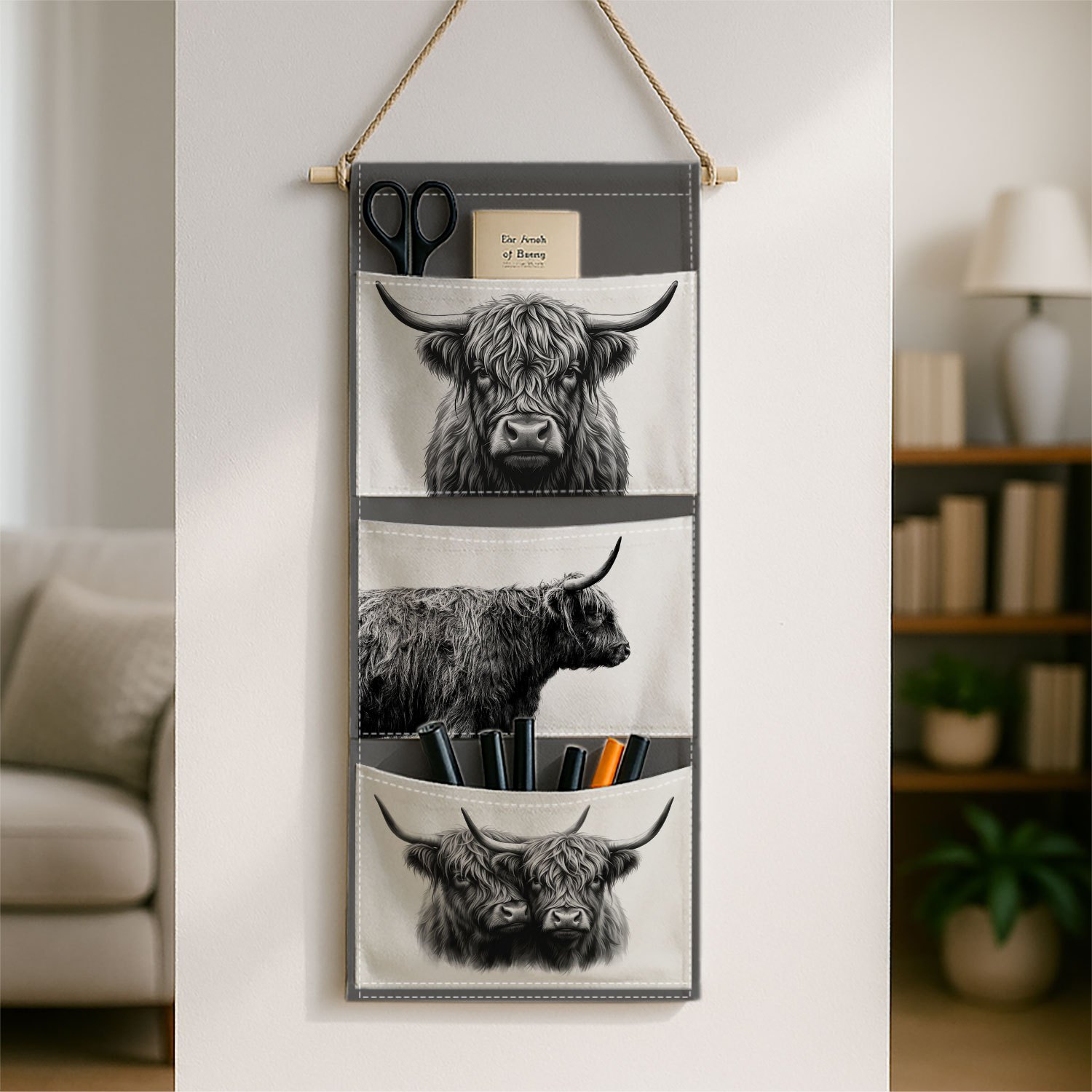 TEMU 1pc Scottish Cow Wall-mounted Storage Bag - Rustic Farmhouse Fabric Organizer Suitable For Blankets,, Towels | Space-saving Shelf With