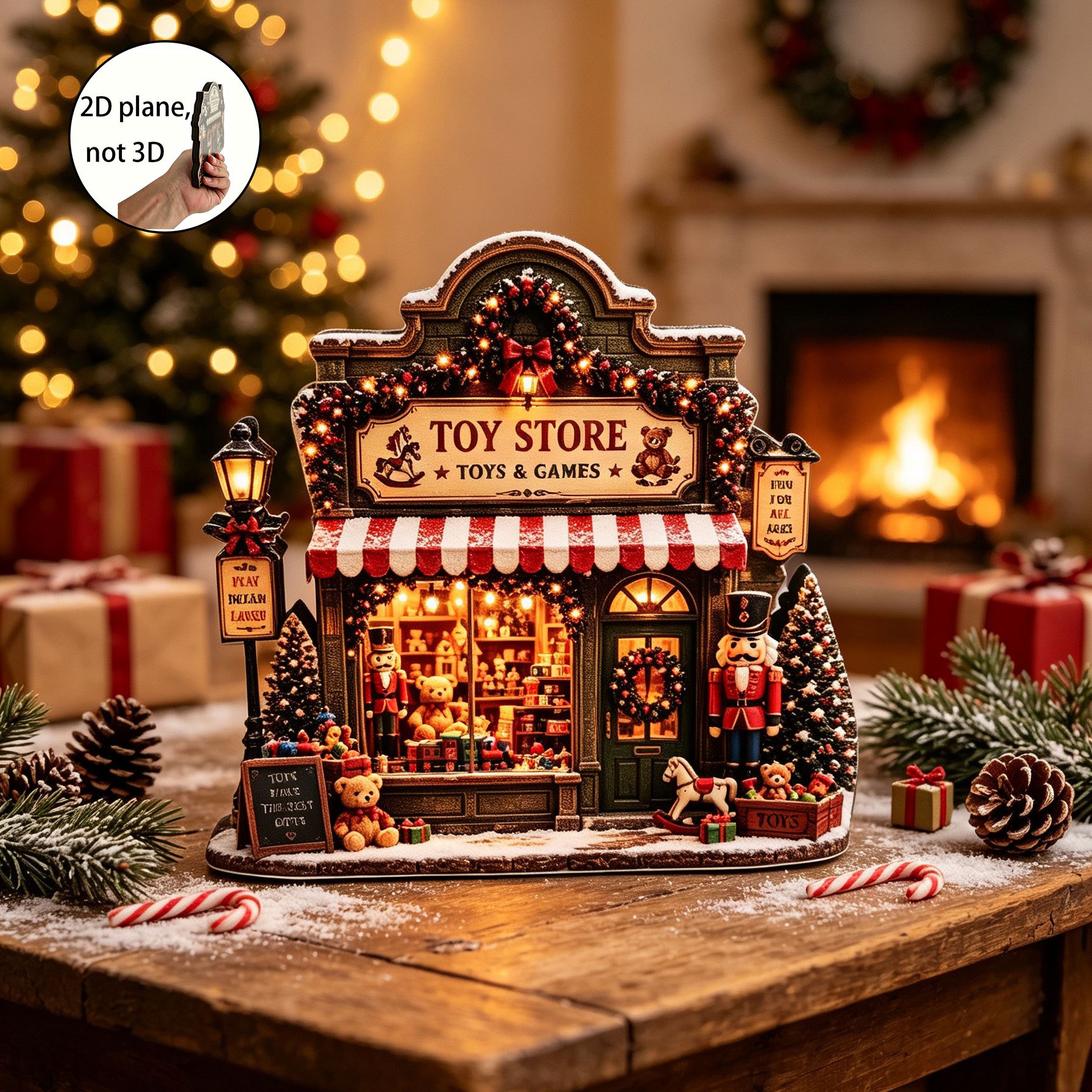 TEMU Ornement de bureau de Noël plat 2D en bois, décoration de Noël coupée en plat, scène de Noël, , en peluche, carrousel, auvent rayé rouge et