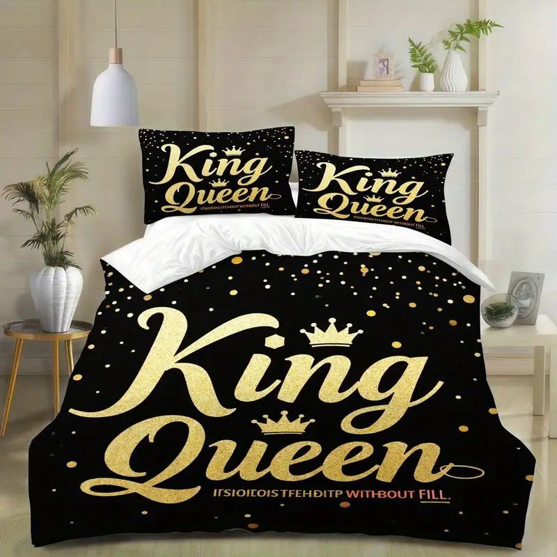 3pcs luxury king queen golden letter print duvet , modern romantic black theme bedroom decor, soft polyester fabric for master 1 duvet +2 pillowcases, queen size bedding set, king size sets, queen bed comforter set, set, durable fabric, bedding, pillowcase set, couples gift, home decor lovers Product details 3