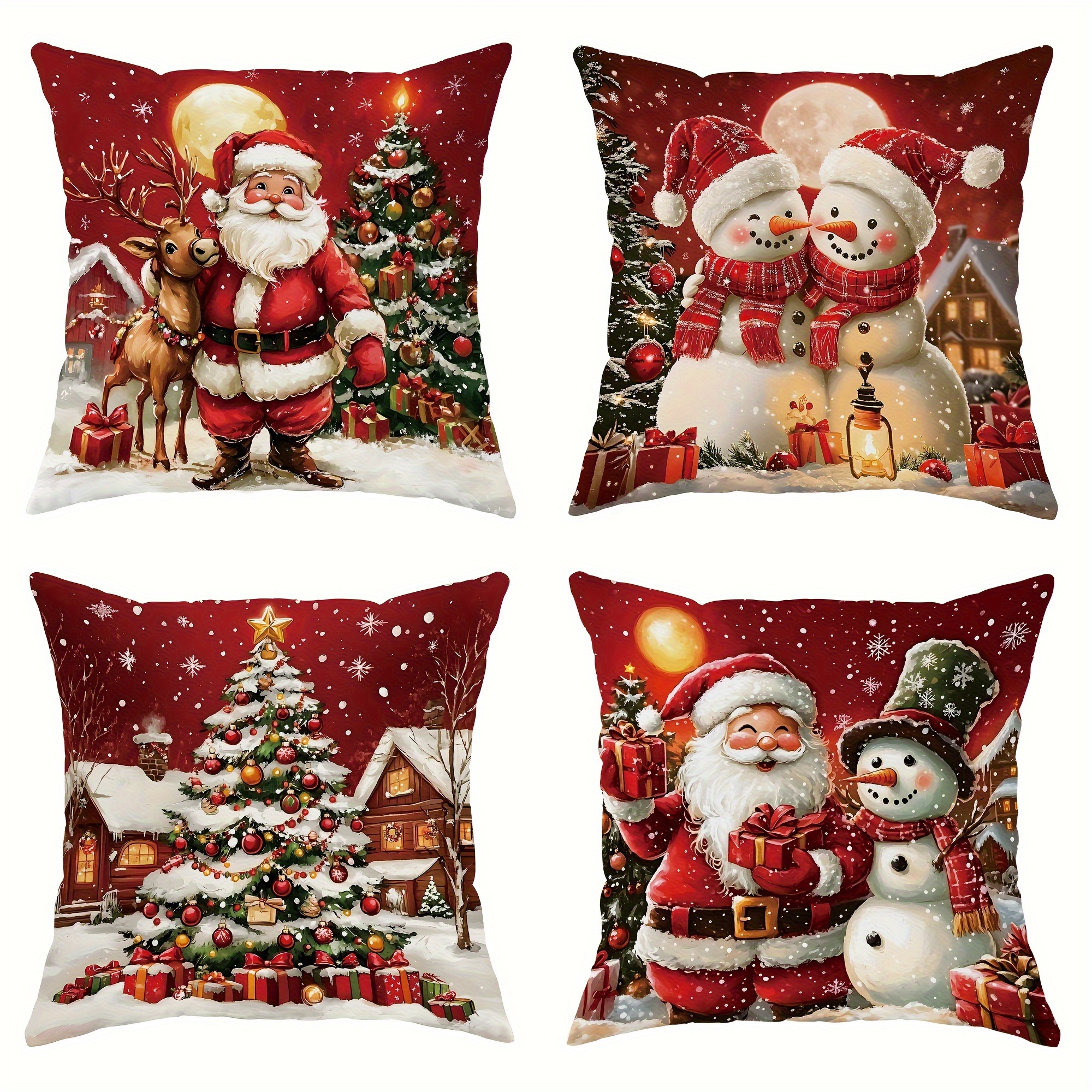 TEMU 4pcs Cute Reindeer Snowman Santa Pattern Printed Pillowcase, Modern Christmas Decorative Pillow Cover, Zipper Closed Cushion Cover, Double-sided