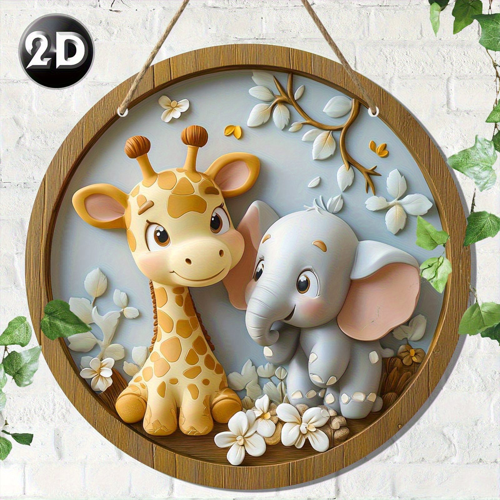 E-shop 1 Stück Flache Wanddekoration im Vintage-Stil mit Elefant & Hirsch aus Holz, Rund (20 cm/8 Zoll), Nordischer Stil Schlafzimmer Studierhöfe