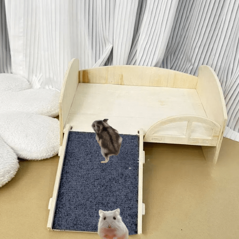 

Lit de cachette en bois pour hamster avec échelle et tapis, maison de plateforme pour animaux remplies de cèdre, cadeau rectangulaire pour lapins, et cobayes - Prêt à l'emploi