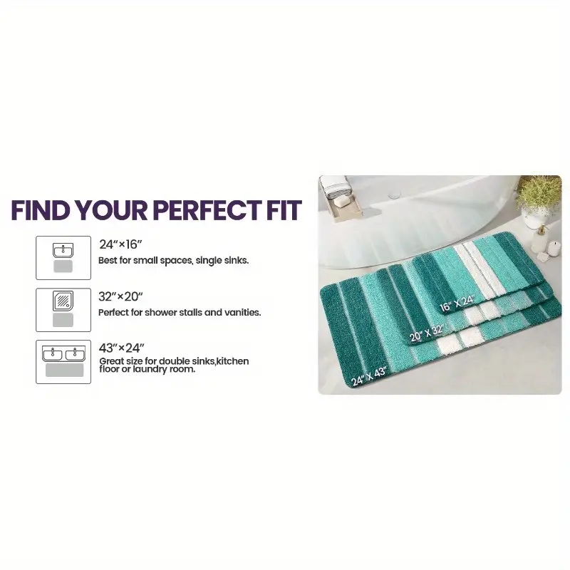 1pc non slip bathroom mat carpet extra long bath 20x32 inches quick dry absorbent shower mat with non slip backing soft bathroom floor carpet in blue for shower tub sink polyester bathroom decorative stripes durable tpr backing Product details 1
