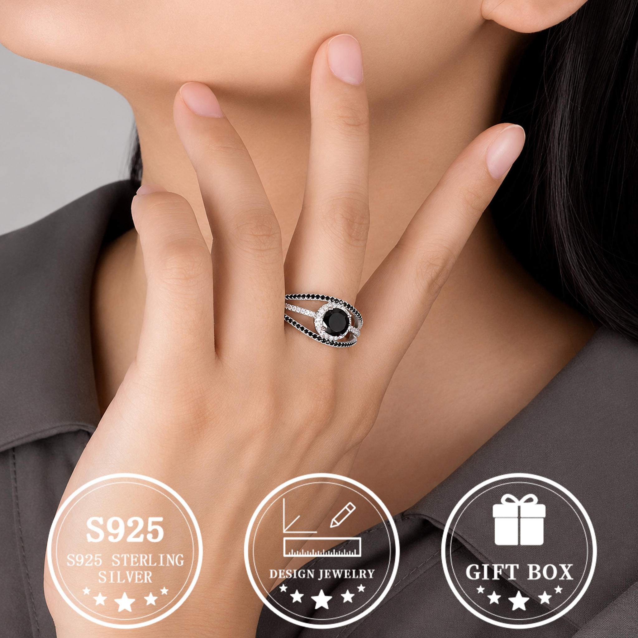 Men's S925 Silvery Devil's Eye Ring with Black & White Zirconia