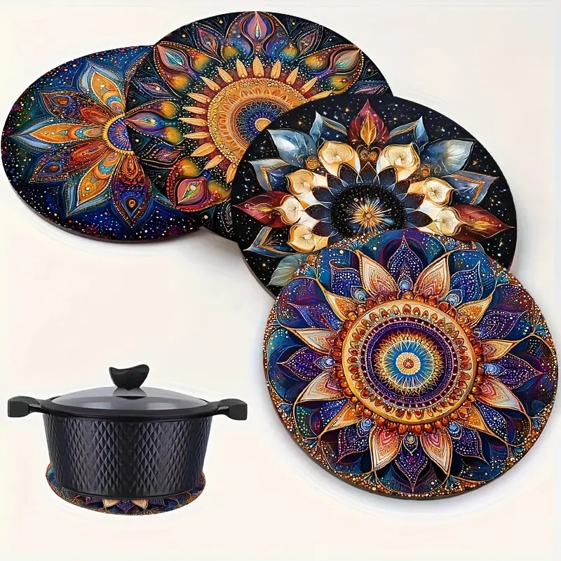 E-shop 4er-Set Bunte Mandala Holzuntersetzer Platzsets - Hitzebeständig, Vielseitige Rutschfeste Heizschutzunterlagen, Geeignet für Küche, Tisch,