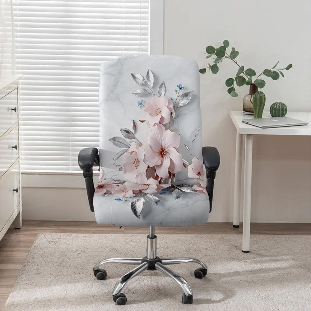 TEMU 1 pièce Housse de chaise de bureau pour ordinateur de luxe à motif d'arrangement floral, en tissu de fibre de lait avec élastique, amovible et