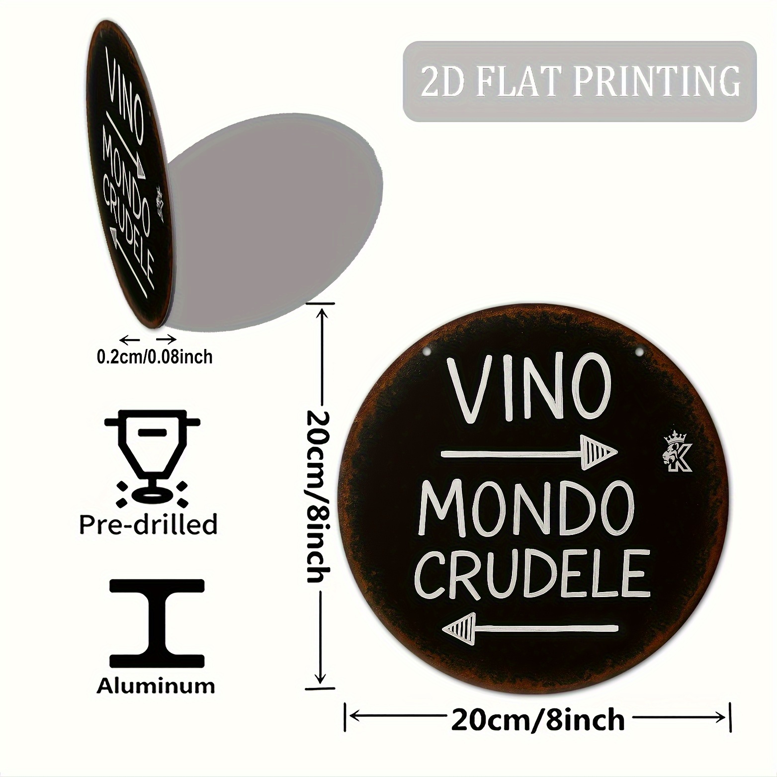 TEMU 2d Flat, 1pc "vino- Mondo Crudele- Wine Is A World" Round Aluminum Metal Sign 20.32cm X 20.32cm- Rustic Italian Wall Decor, Suitable For Bars, ,