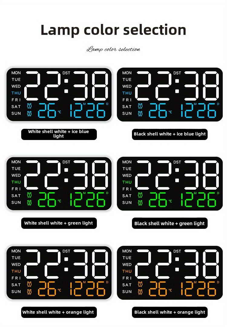 LED digital wall clock with temperature display, date and working day - dual alarm clock, 12/24-hour format, perpetual calendar, rectangular, battery powered (AAA) - perfect for bedroom decoration