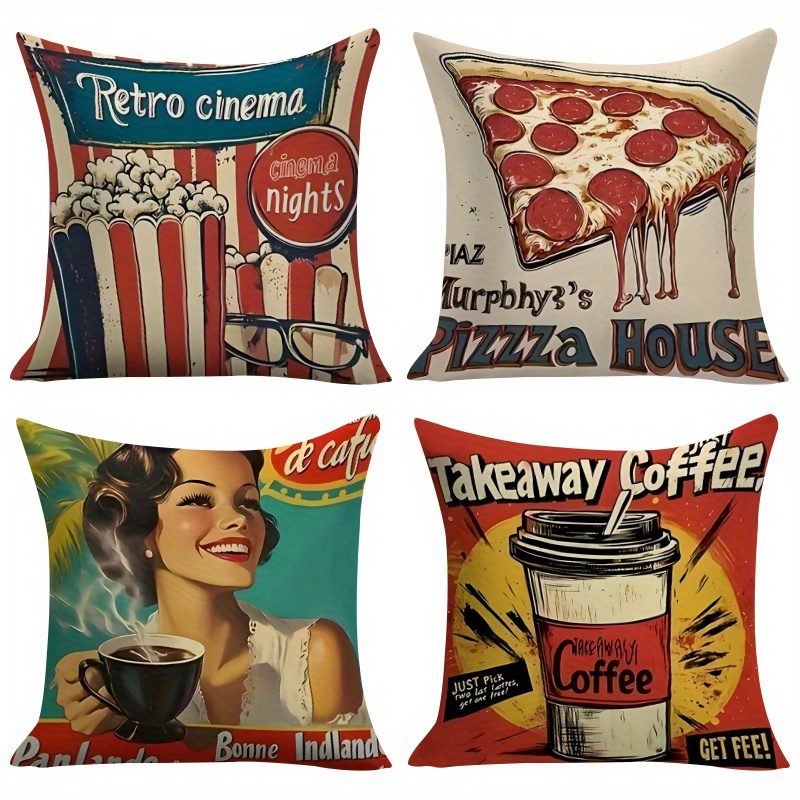 TEMU 4pcs Set Theme Throw Pillow Covers - Vintage Cinema, , Coffee Shop Elements, Single-sided Print, Zipper Closure, In 3 Sizes, Suitable For Sofa,