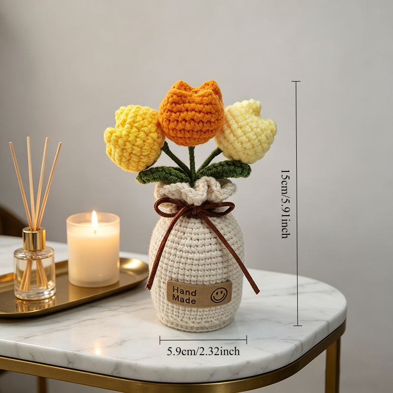 TEMU 手作り 毛糸フック編み 三色 花瓶オーナメント 花瓶コンテナ付き - リアルな造花ブーケ 自宅 オフィス デスク装飾 誕生日 母の日 卒業祝い 結婚式 テーブルセンターピース クラフトに最適