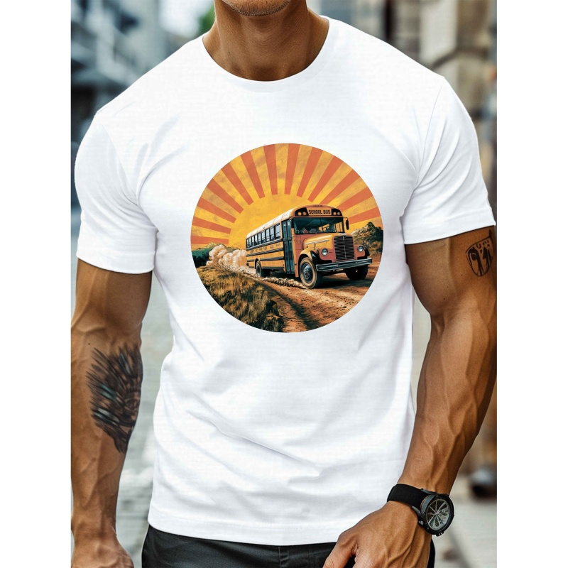 

1pc Vintage School Bus Sunset Graphic Tee, Men's Casual Crew Neck Short Sleeve T-shirt, Polyester Knit Fabric With Stretch, Geometric Pattern, Regular Fit, Summer Top