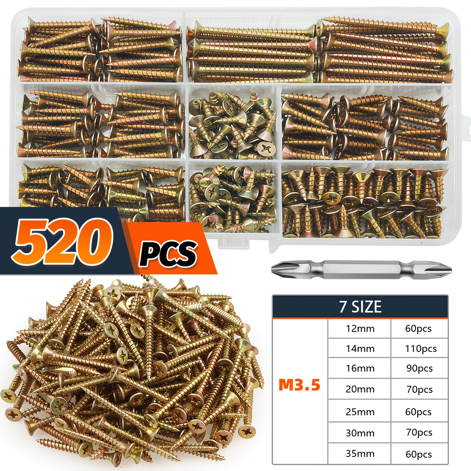 TEMU A Set Of 520 Self-tapping Screws Accompanied By A Screwdriver Bit, Featuring Sizes (m3.5/12/14/16/20/25/30/35mm) Of -coated Countersunk Screws.