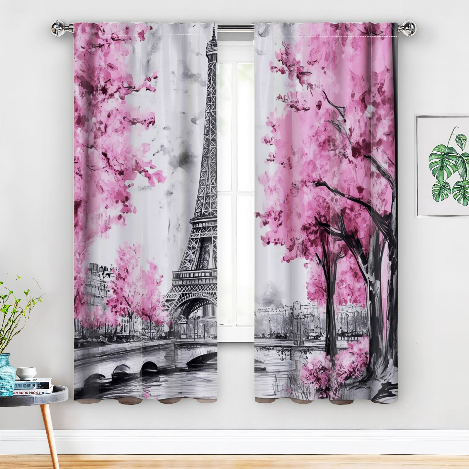 

2pcs Classic Blackout Curtains, Polyester Paris With Pink Trees, Bedroom & Living Room Decor, Light-blocking Drapes