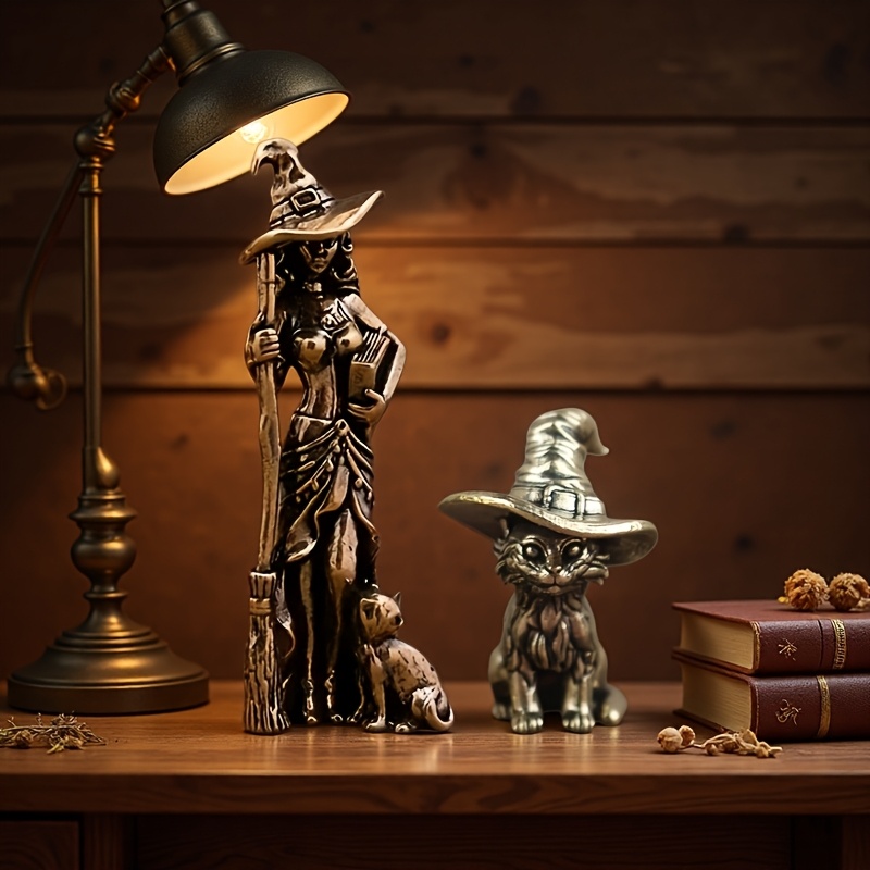 TEMU 2 Verzamelfigurines: Vintage Messing Heks en Tovenaar Kat Beeld Ornament, Magische Kat Schoonheid Tovenaar Bureaudecoratie, Ideaal Cadeau voor