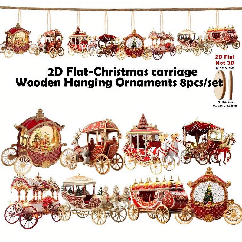 TEMU 2d Flat, 2d Flat- 8pcs Christmas Carriage Wooden Pendant Decoration - Christmas/halloween//new Year Gifts, Home, Office, Trees, Car Mirrors, And