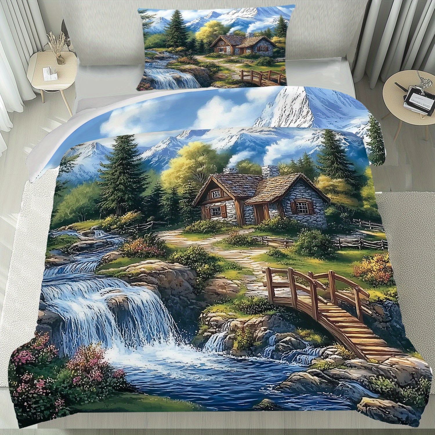 TEMU Set Of 2/3pcs Featuring A With Waterfalls, Wooden Homes, And . This Bedding Includes 1 Duvet Cover And 2 Pillowcases, Designed Oil Painting