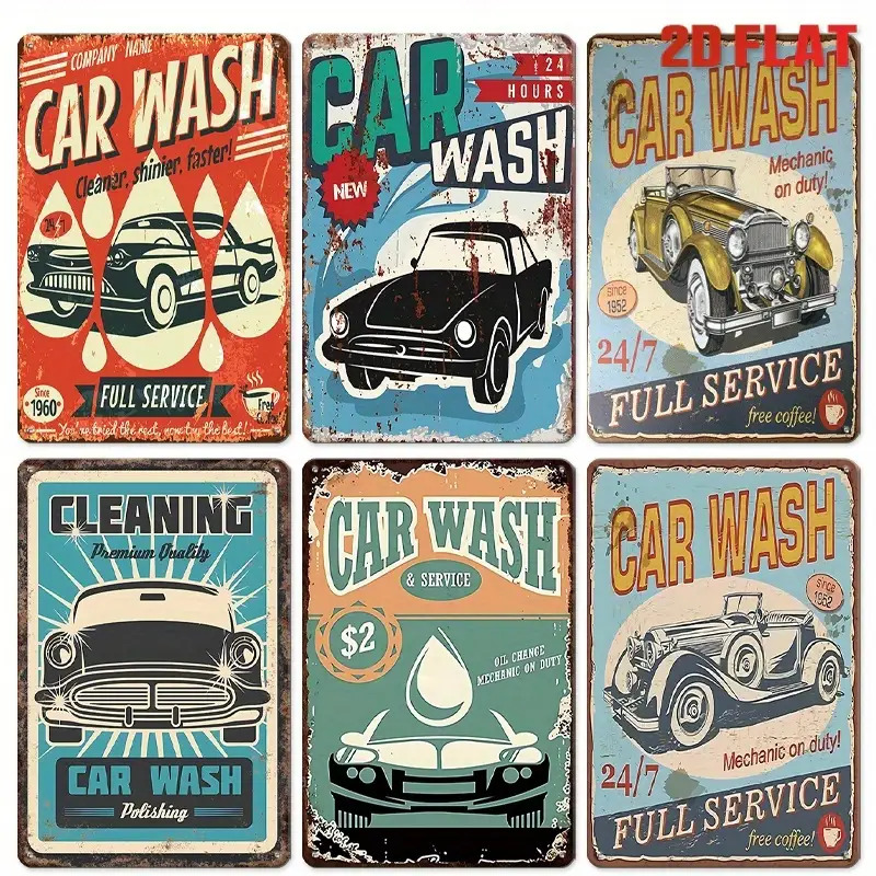 TEMU Set Of 6 Vintage Metal Signs For Garage And Auto Repair - 20.32x30.48 Cm Retro Style From The 1950s-70s, Ideal For Car Wash, Mechanic Shop, For