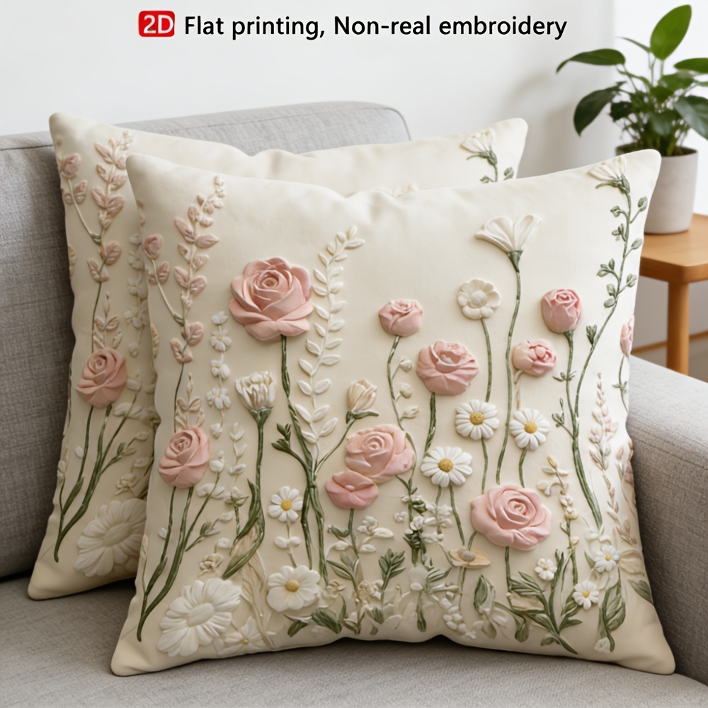 TEMU 2pcs Set Of 2d Single-sided Printed Pillowcases Featuring A 3d Of Pink Roses, Small Daisies, And Wildflowers. Made Of Velvet With A Gentle