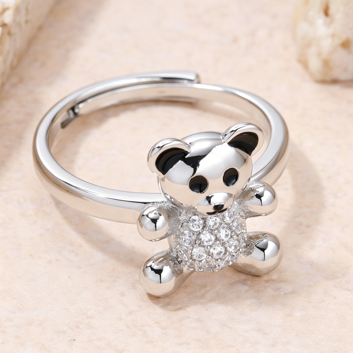 Minimalist Teddy Bear Shaped Open Ring with Synthetic Zirconia