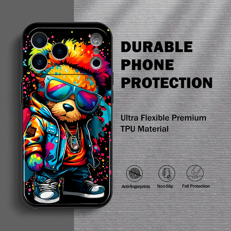 TEMU Phone Case: Trendy Cool Graffiti Bear Pattern Holiday Gift Black Tpu Phone Case, Suitable For Iphone 17/17air/17pro/17promax/iphone