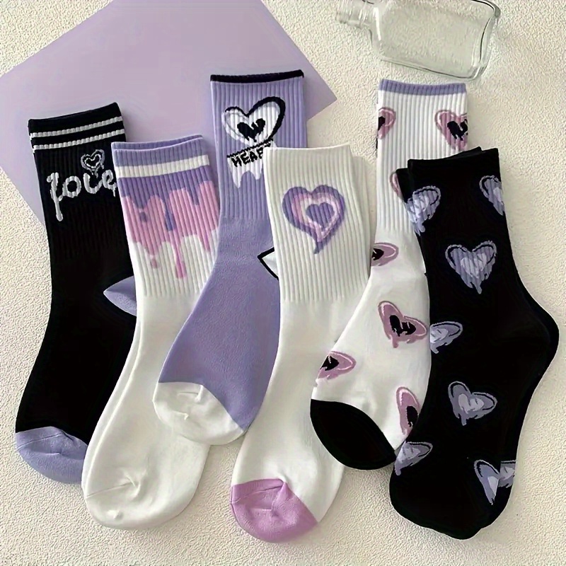 

7 Pairs Mixed Color Long Tube Cartoon Women' Socks, Cute Cartoon Pattern Breathable Stockings, Stockings And Socks