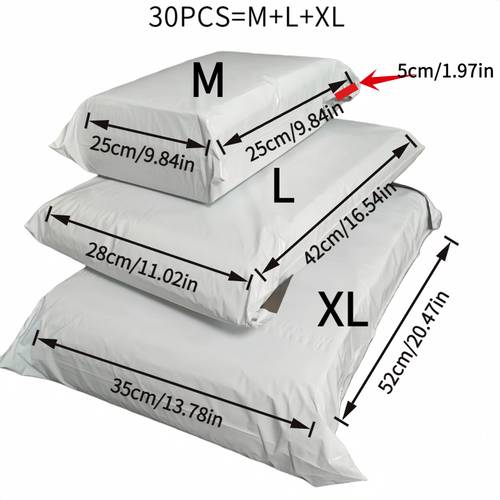 item picture 30pcs white mixed packaging bags mailing envelopes self plastic storage pouches 3 sizes 10pcs each ideal for large packages and clothing shipping