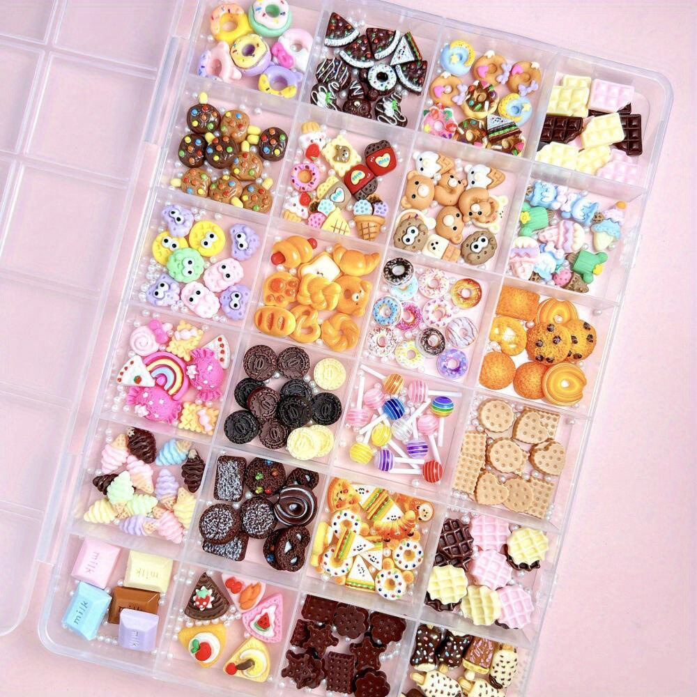 

24-grid Box Cartoon Nail Ornaments Cute - Donut Ice Cream Resin Diy Wearable Nail Accessories