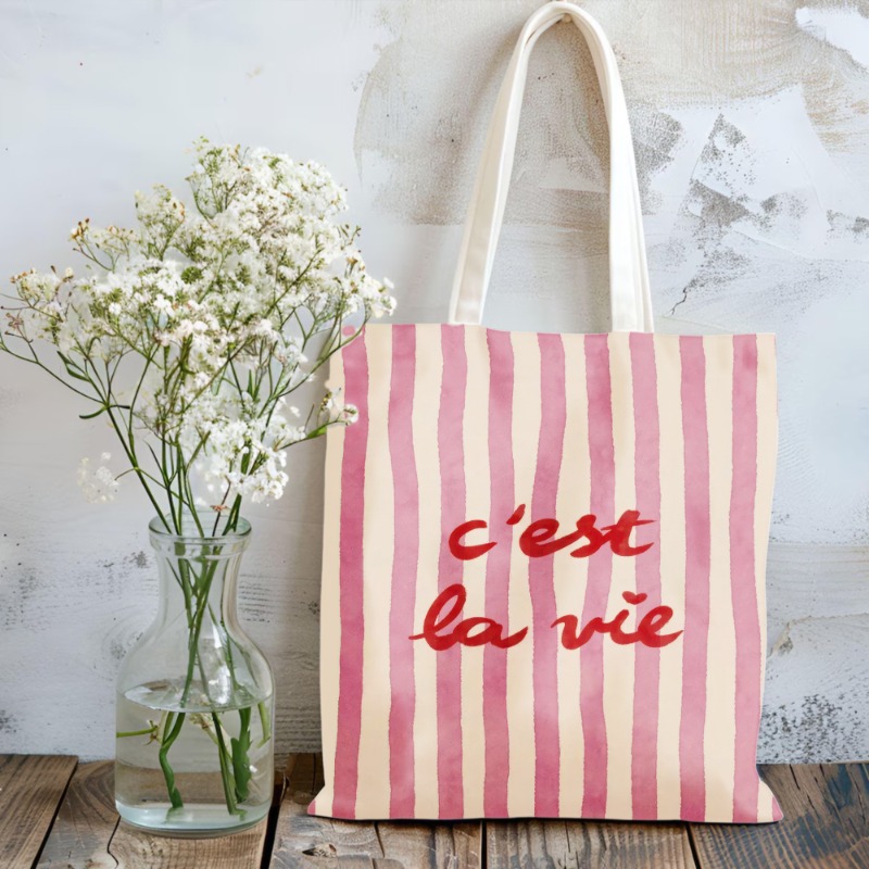 1pc Pink Striped Tote Bag With Red Letters, A Foldable Shoulder Bag, Perfect For Female College Students' And Class. A Great Gift For , Teachers, And Other Women
