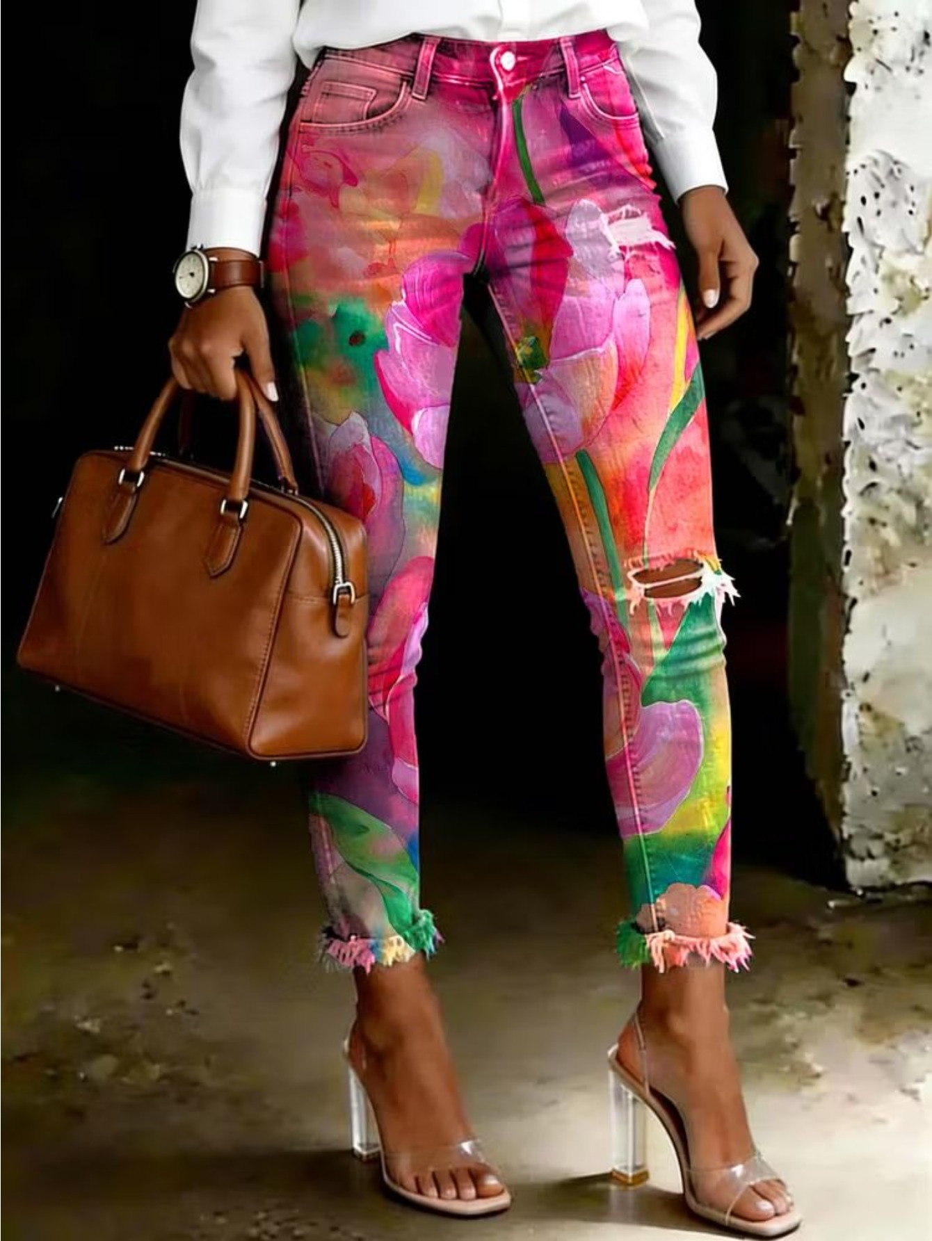 vintage washed   leopard print ripped skinny trousers womens high waist distressed   casual pants
