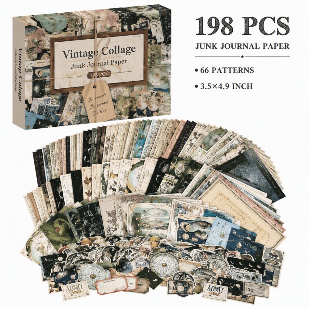 Image of 198pcs Vintage Collage Junk Journal Paper Set, 66 Patterns Retro Decorative Ephemera Paper For Scrapbooking, Collage Art, Journaling, Planner Crafts