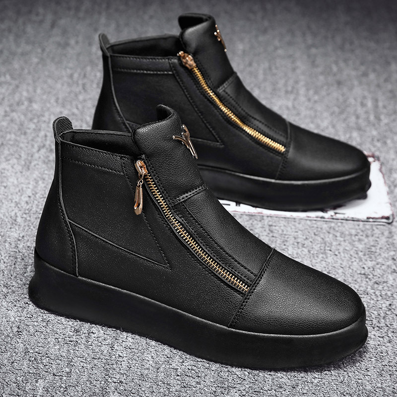 Chaonan British Style Joker High-Top Shoes - Double Zipper Closure, PU Upper & Slip-Resistant Rubber Sole, All-Season Urban Sneakers for Men & Women - Formal & Casual Events (Black), Versatile Footwear, Sleek Design, Durable Construction, Unisex Footwear, Fashion Enthusiasts